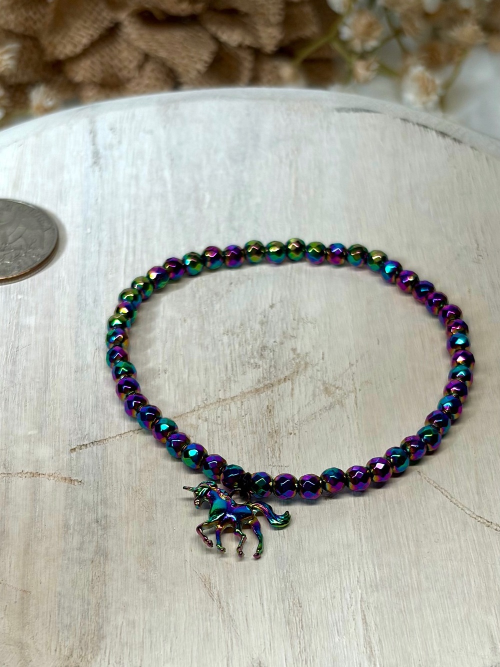 Rainbow Hematite Unicorn Beaded Bracelet - Picture 4 of 12
